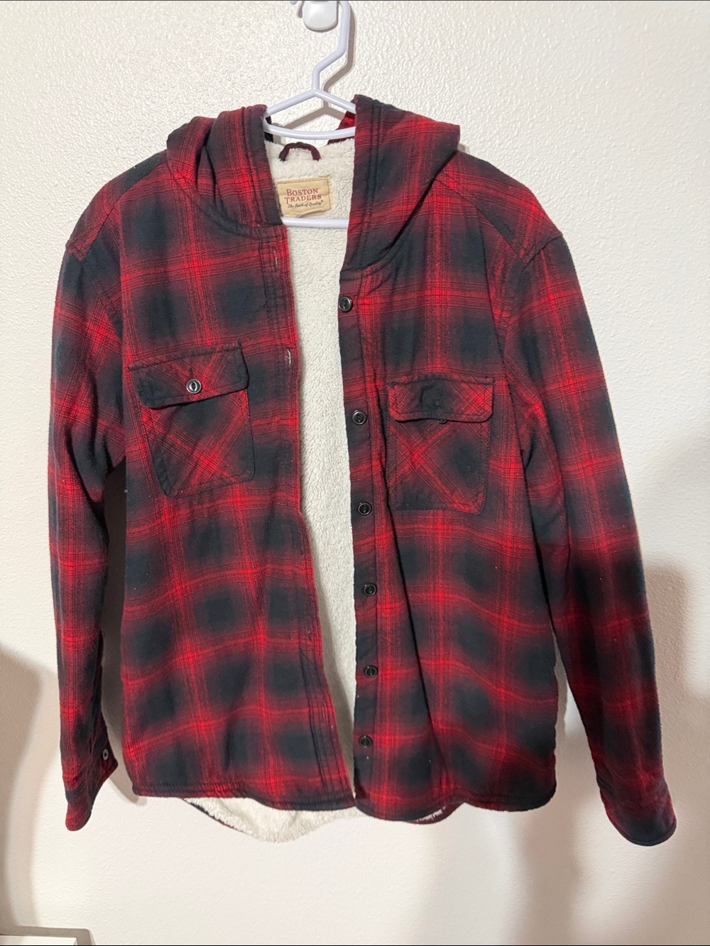 Boston Traders Red and Black Plaid Sherpa-Lined Hooded Jacket